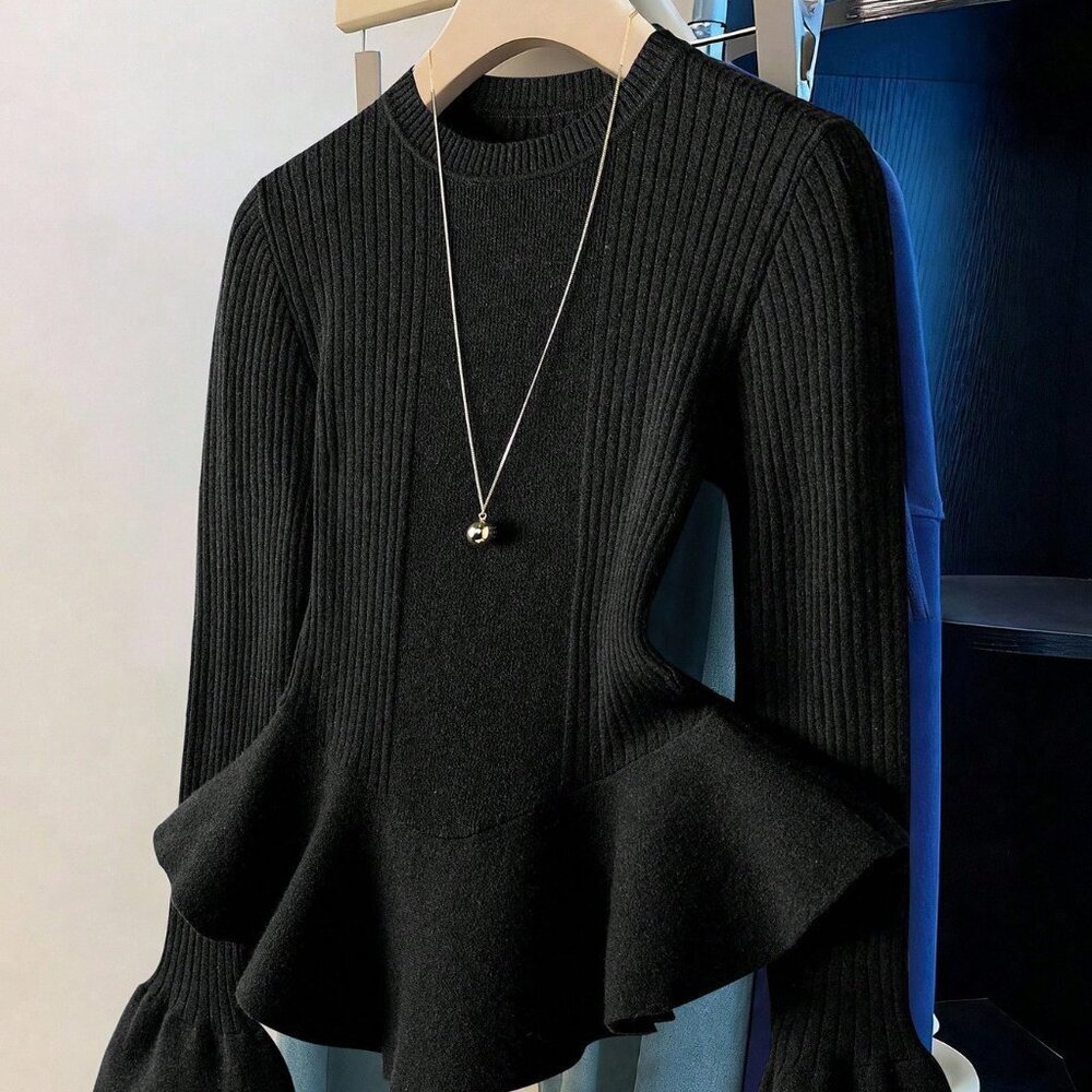 Black Casual Women's Ruffle Sleeve Peplum Sweater